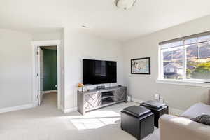 Living room with light colored carpet and baseboards