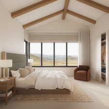 Bedroom featuring carpet floors, beam ceiling, and a mountain view