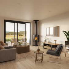 Living room featuring hardwood / wood-style floors and a mountain view