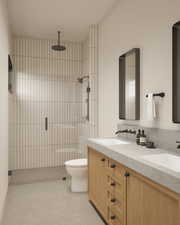 Bathroom with a tile shower and double vanity