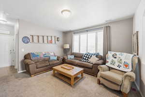Living room featuring carpet flooring and lofted ceiling