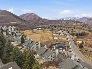 Aerial view of residential area with a mountain backdrop