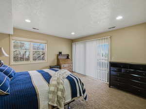 Bedroom featuring recessed lighting, carpet floors, multiple windows, access to outside, and a textured ceiling