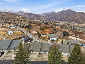 Aerial perspective of suburban area with mountains