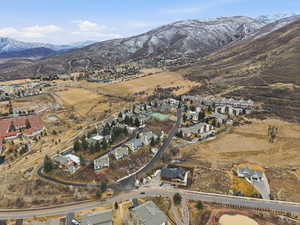 Aerial perspective of suburban area with mountains