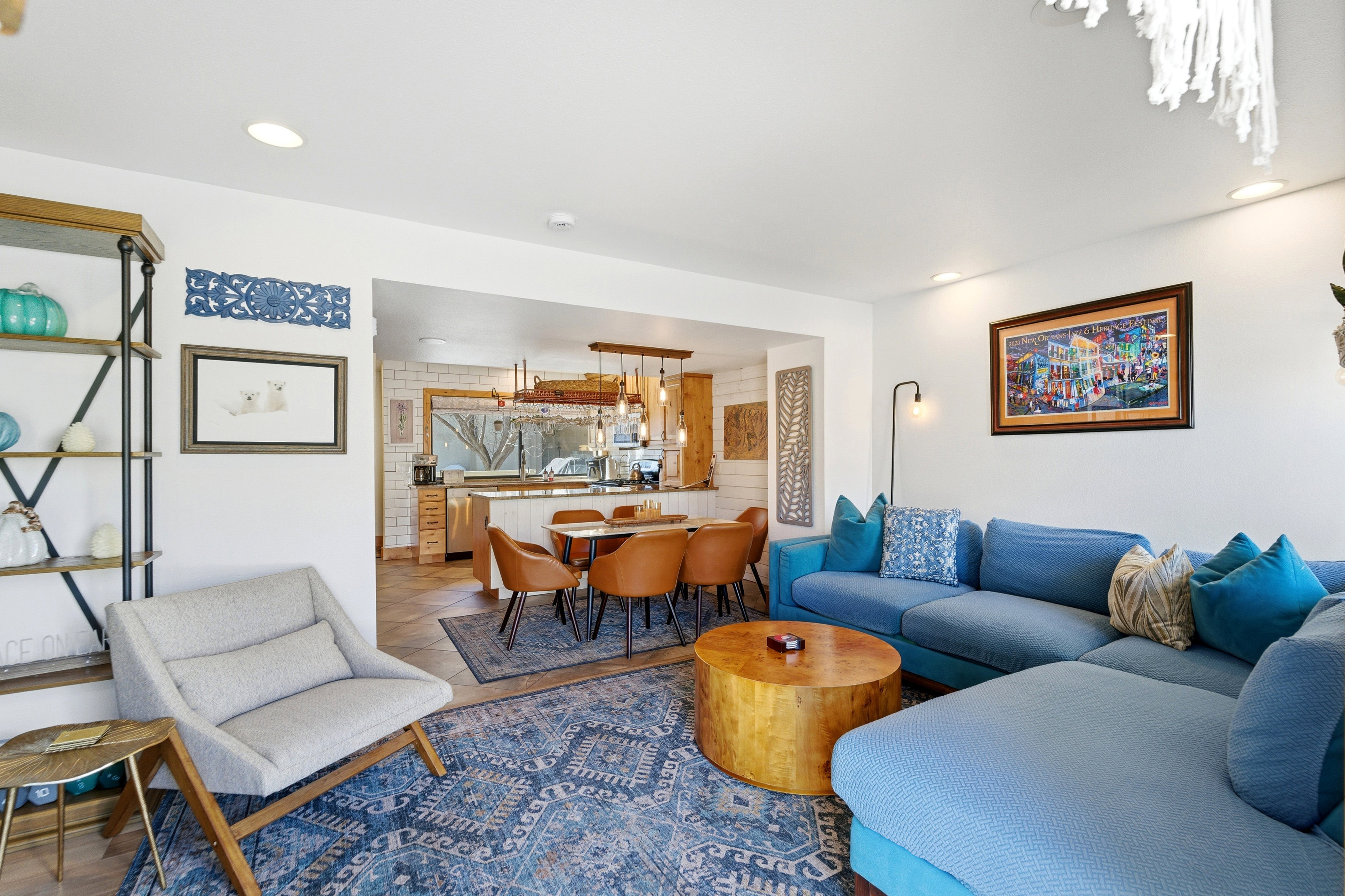 Living room with recessed lighting and tile patterned floors