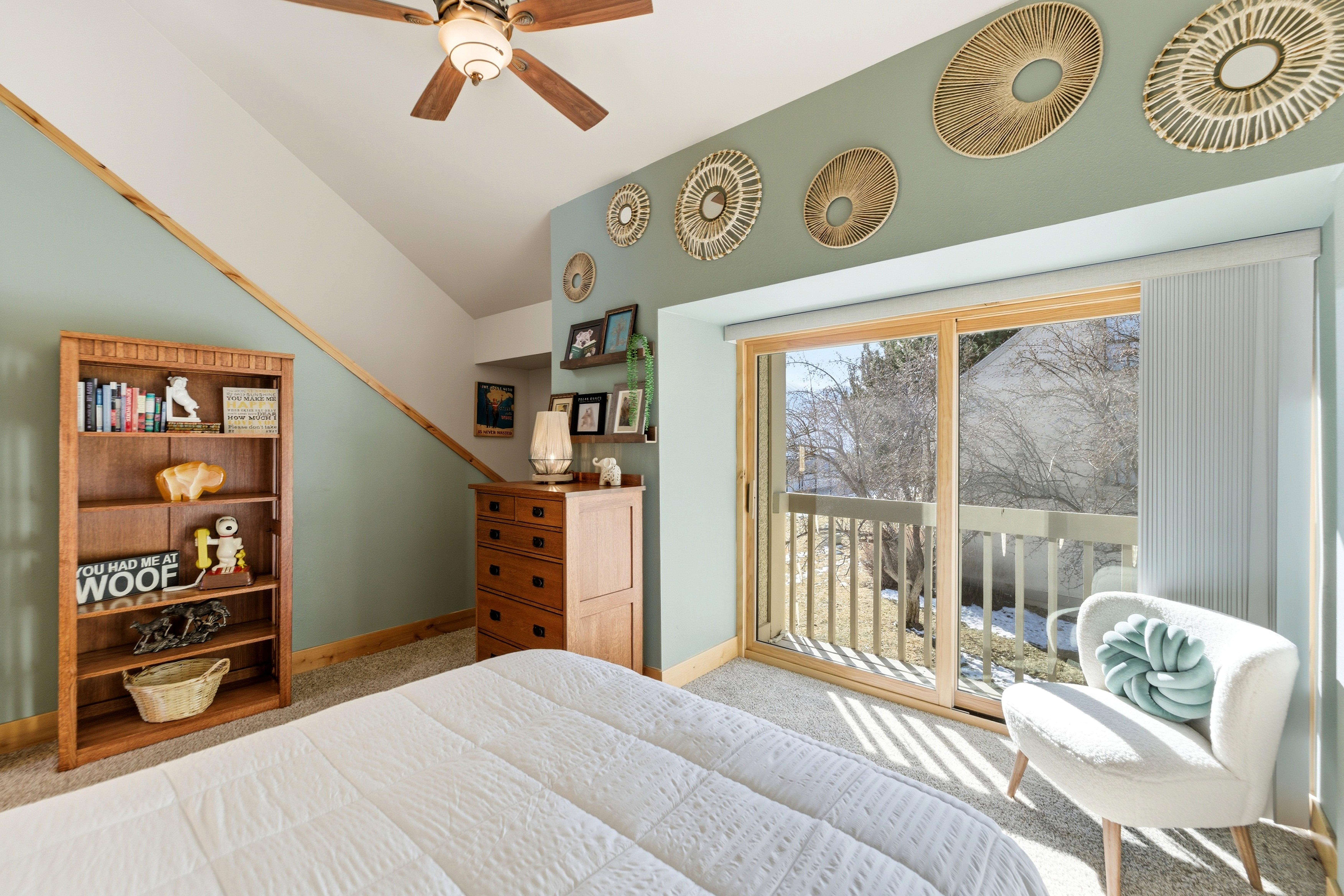 Bedroom featuring carpet flooring, access to outside, a ceiling fan, and lofted ceiling