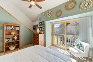 Bedroom featuring carpet flooring, access to outside, a ceiling fan, and lofted ceiling