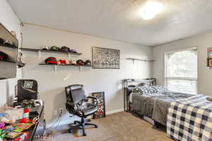 Bedroom featuring light carpet and a textured ceiling