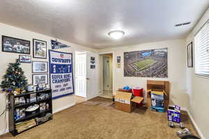 Game room featuring carpet and a textured ceiling