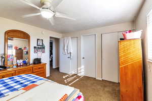 Carpeted bedroom featuring a ceiling fan