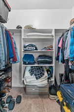 Walk in closet with light carpet