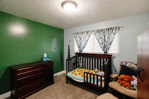 Bedroom featuring a crib, carpet flooring, and a textured ceiling