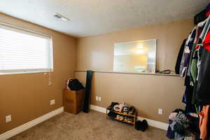 Unfurnished bedroom featuring carpet flooring and a textured ceiling