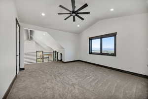 Empty room featuring a ceiling fan, carpet, and recessed lighting