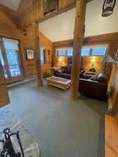 Carpeted bedroom with lofted ceiling, wood walls, and baseboard heating