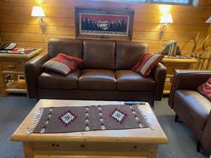 Living area with carpet flooring and wood walls