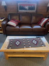 Carpeted living room with wooden walls