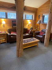 Carpeted living area with wooden walls and vaulted ceiling