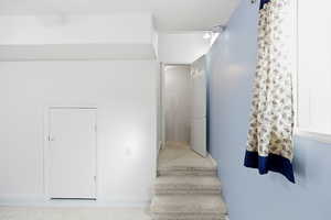Stairway with carpet flooring and baseboards