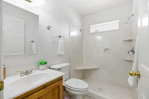 Full bath featuring vanity and a stall shower