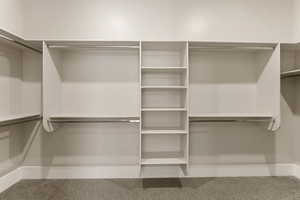 Walk in closet featuring light colored carpet