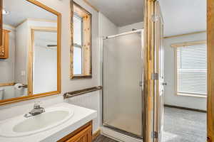 Primary Bathroom. New Vanity, Flooring, and shower.