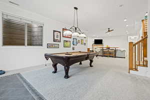 Rec room with a ceiling fan, billiards, carpet, and recessed lighting