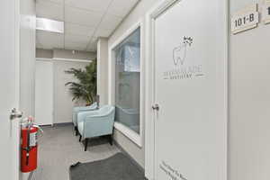 Corridor featuring a drop ceiling and carpet flooring