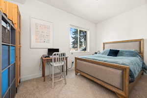 Bedroom with carpet and a desk