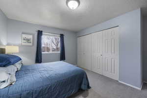 Carpeted bedroom featuring a closet and a textured ceiling
