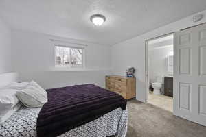 Bedroom with light colored carpet, connected bathroom, and a textured ceiling
