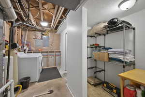 Unfinished basement with independent washer and dryer, electric panel, and a water softener