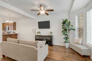 Living area with dark wood-style floors, ceiling fan, ornamental molding, suspended lighting, and beam ceiling