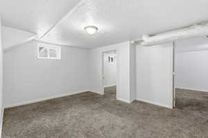 Basement featuring a textured ceiling and carpet flooring