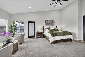 Bedroom with lofted ceiling, ceiling fan, recessed lighting, and light wood finished floors