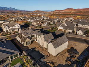 Aerial view of residential area with mountains