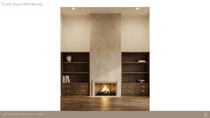 Unfurnished living room with a fireplace, wood finished floors, and recessed lighting
