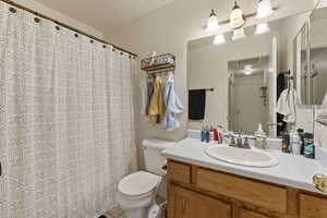 Full bath with vanity and a shower with curtain