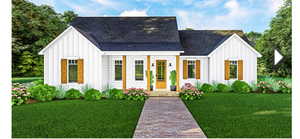 Modern farmhouse style home featuring board and batten siding, a front lawn, and a shingled roof