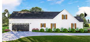 View of front of property with board and batten siding, a front lawn, concrete driveway, a garage, and a shingled roof