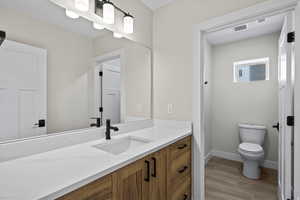 Bathroom featuring vanity and wood tiled floors