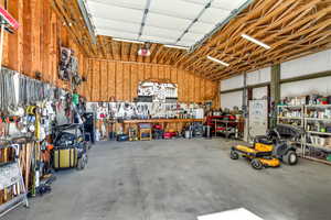 Garage featuring a workshop area