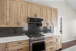 Kitchen with stainless steel appliances, light wood finish cabinets, backsplash, lofted ceiling, and dark wood-type flooring