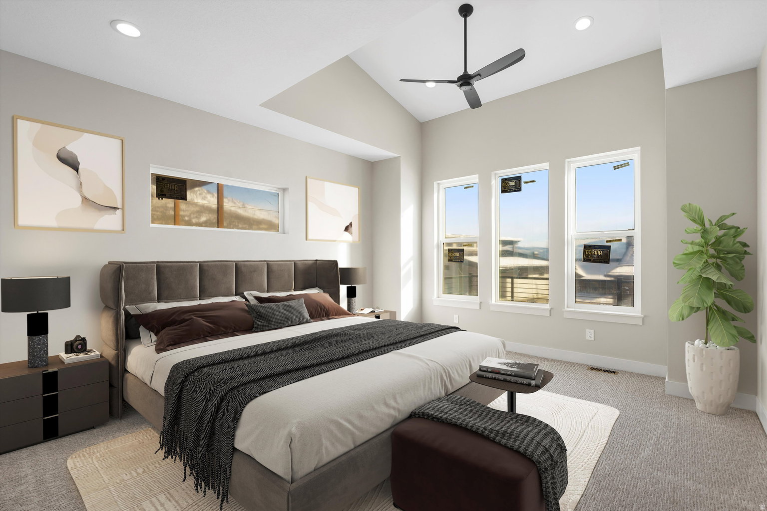 Bedroom featuring carpet floors, lofted ceiling, recessed lighting, and ceiling fan