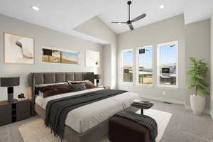Bedroom featuring carpet floors, lofted ceiling, recessed lighting, and ceiling fan