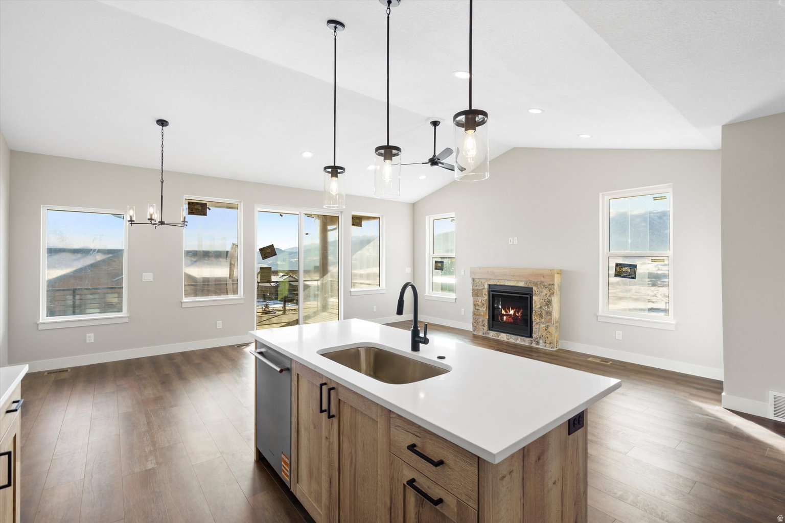 Kitchen with a stone fireplace, dark wood-style floors, open floor plan, and healthy amount of natural light