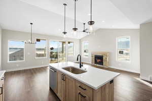 Kitchen with a stone fireplace, dark wood-style floors, open floor plan, and healthy amount of natural light