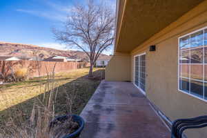 View of patio with a mountain view