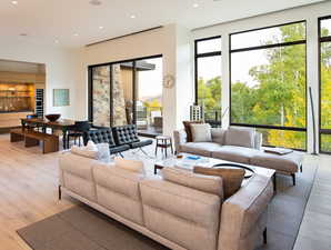 Living room with light wood-style floors and recessed lighting